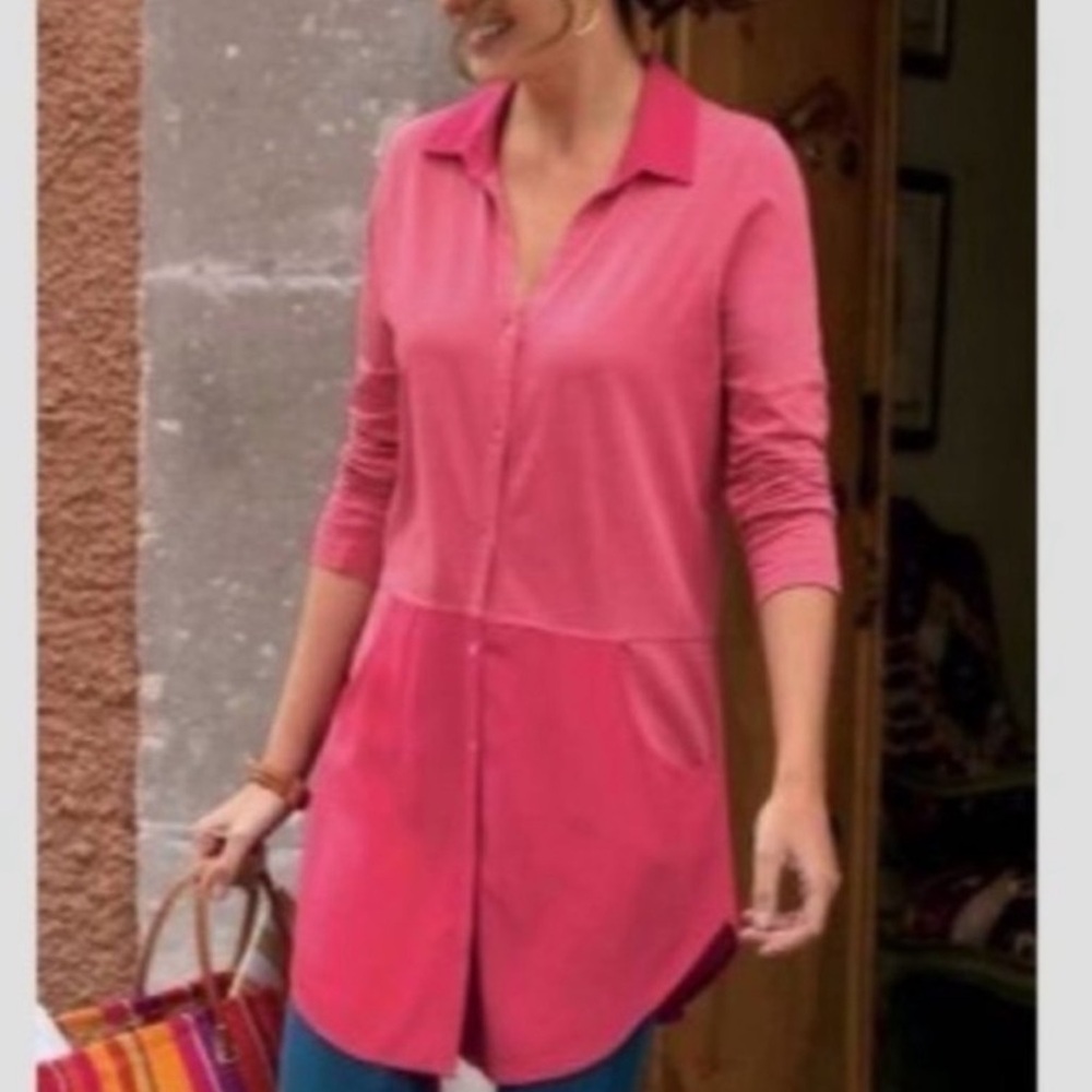 Soft Surroundings The Right Combo Tunic Button Down Colorblock Shirt Size XL EUC